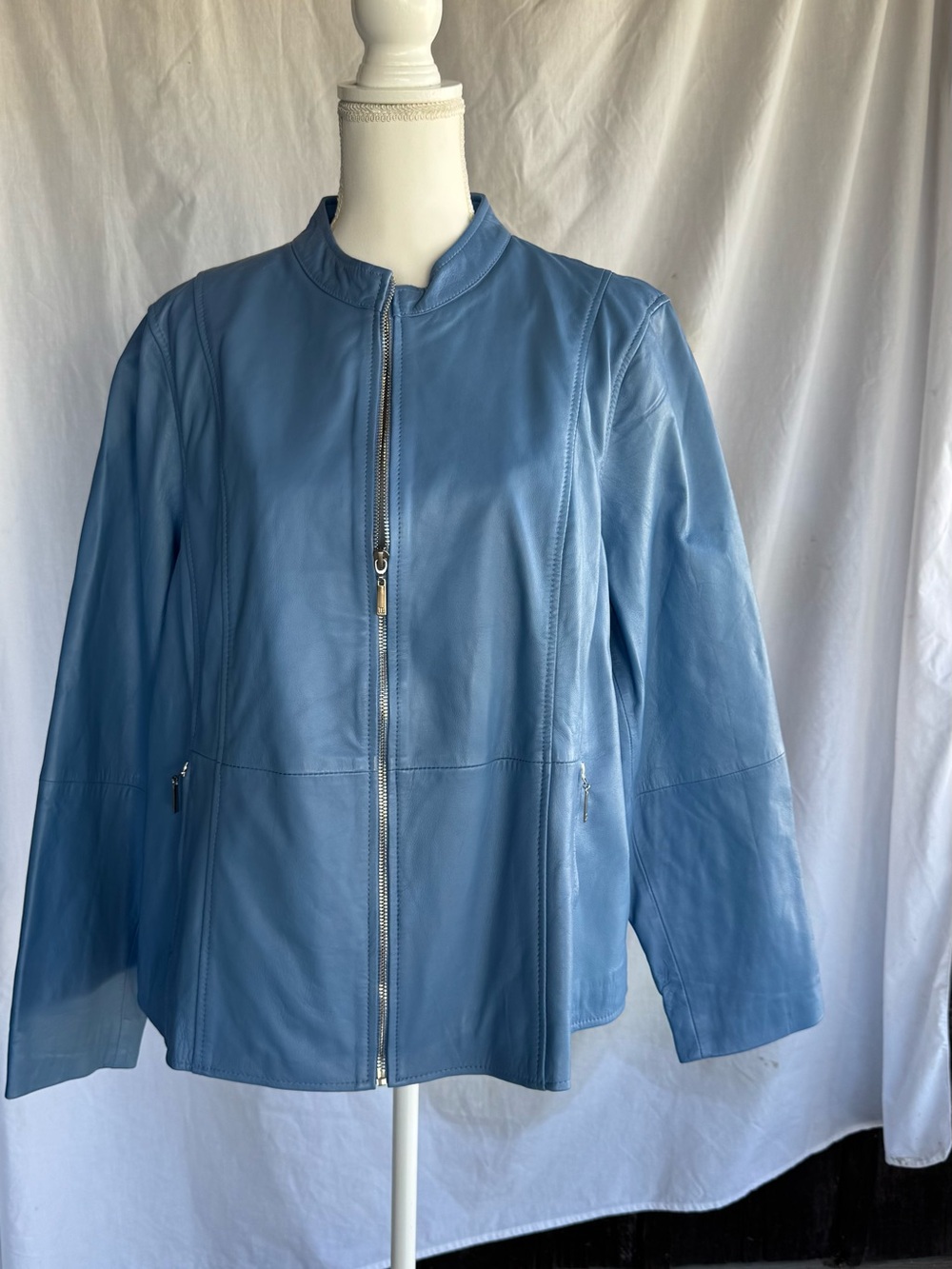 Jessica London Powder Blue Leather Zip-Front Jacket